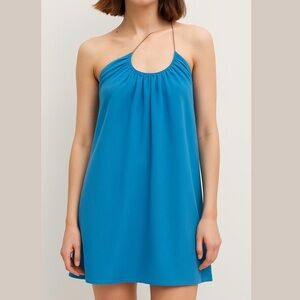 MANGO Poplin Cotton Asymmetrical swing A-line dress Blue sleeveless Sz US 8